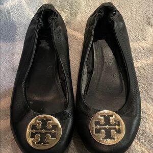 Tory Burch Black Leather Flats with Gold Emblem